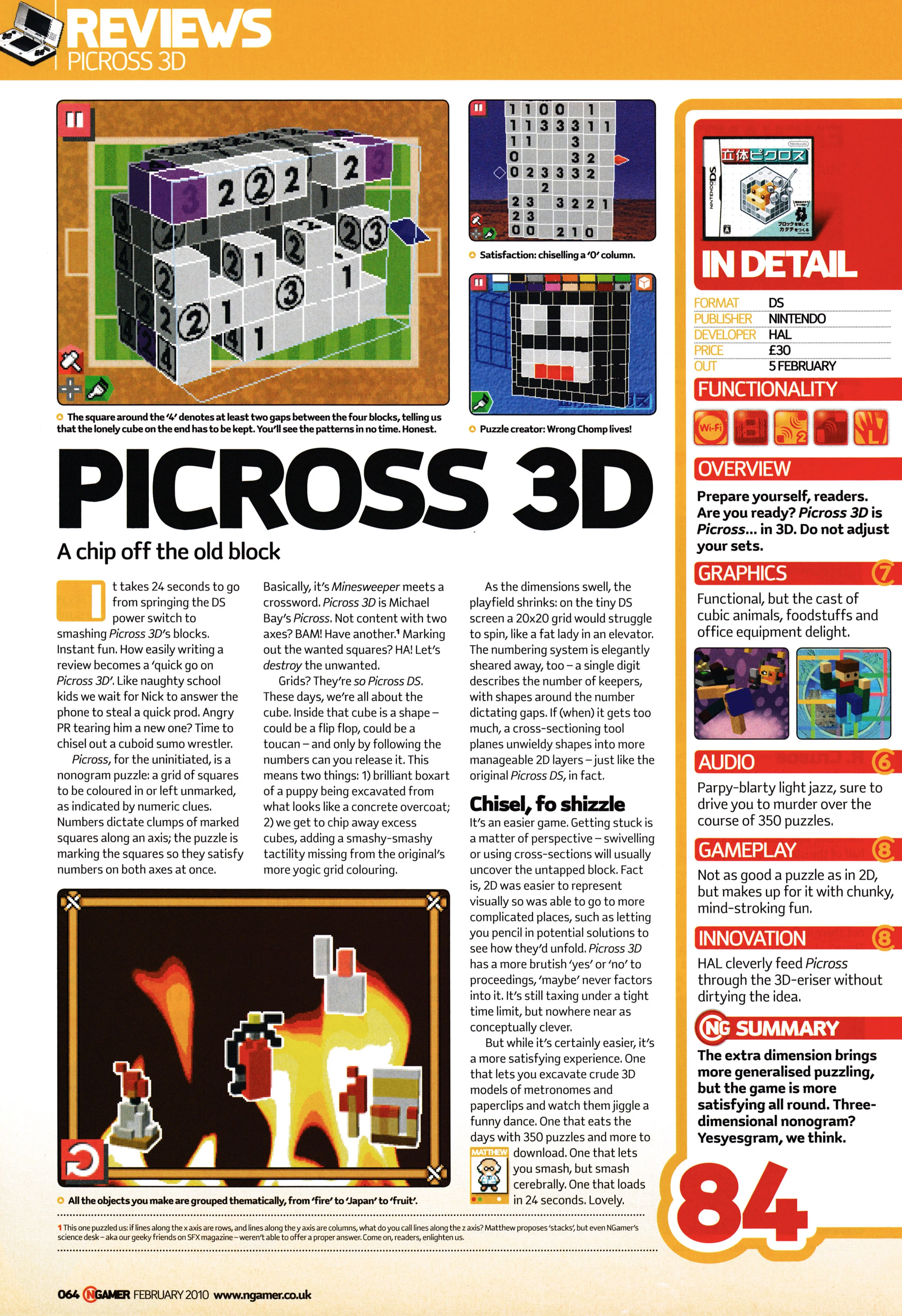 Review for Picross 3D on Nintendo DS from NGamer 46 - February 2010 (UK)

score: 84%