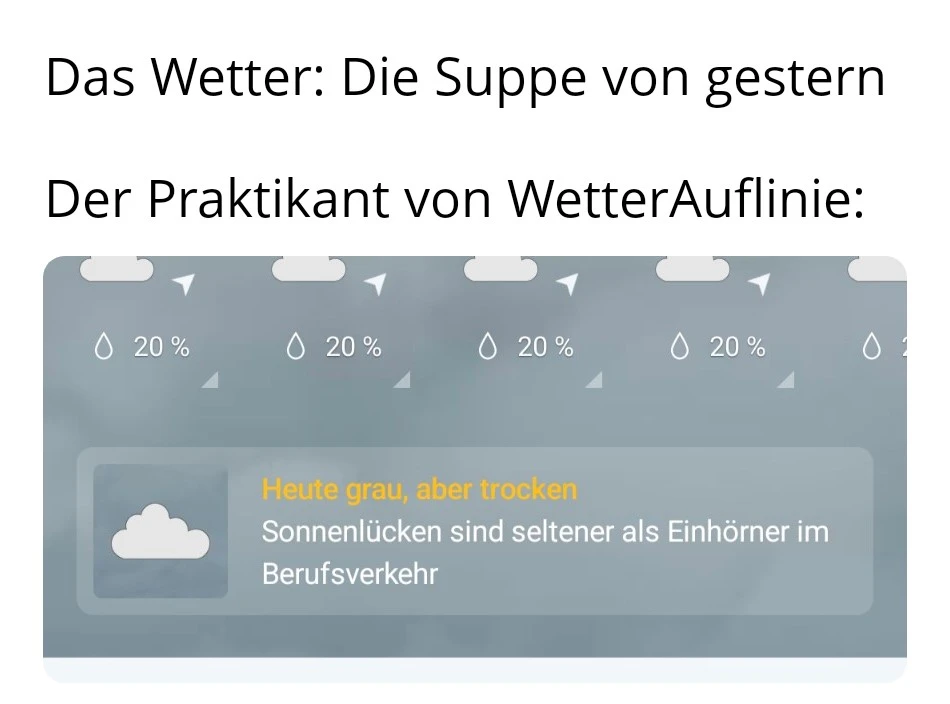 Das Wetter: Die Suppe von gestern. Der Praktikant von WetterAuflinie: Sonnenlücken sind seltener als Einhörner im Berufsverkehr