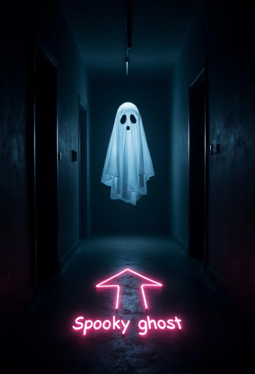 A dark corridor with a floating white sheet ghost in the center. Below, on the floor is a neon pink arrow pointing upwards with the words “Spooky ghost” glowing in neon pink as well, casting a glow on the surrounding walls. 