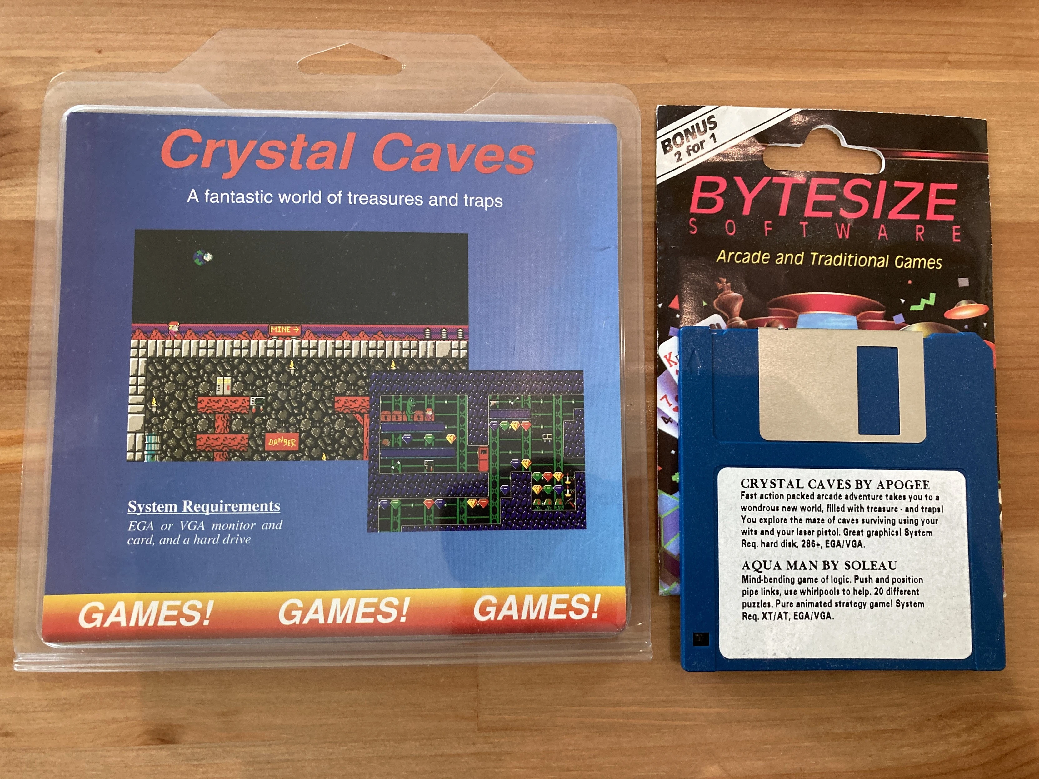 5 1/4-inch and 3 1/2-inch floppy disk copies of Crystal Caves by Apogee. Both use generic cover art and screenshots from the game in a vain attempt to be shelfworthy.