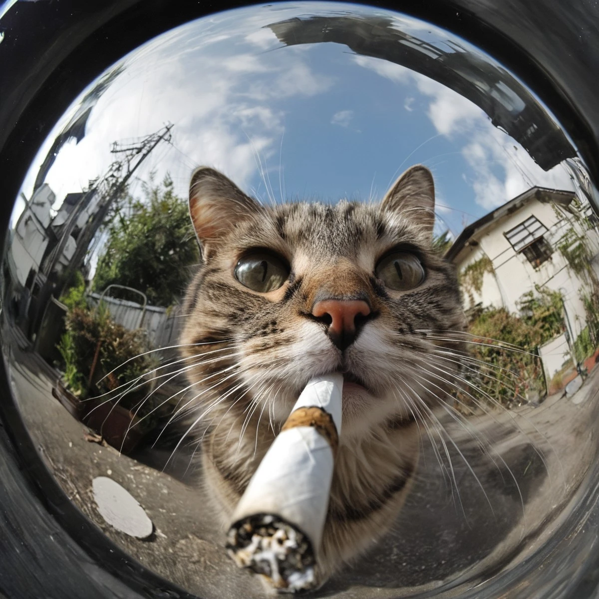 A close-up of a cat’s face through a fish-eye lens, giving a distorted, spherical view of the surroundings. The cat has prominent whiskers and is in its mouth, it holds a cigarette. The background features an urban setting with buildings, all curved due to the lens effect. 