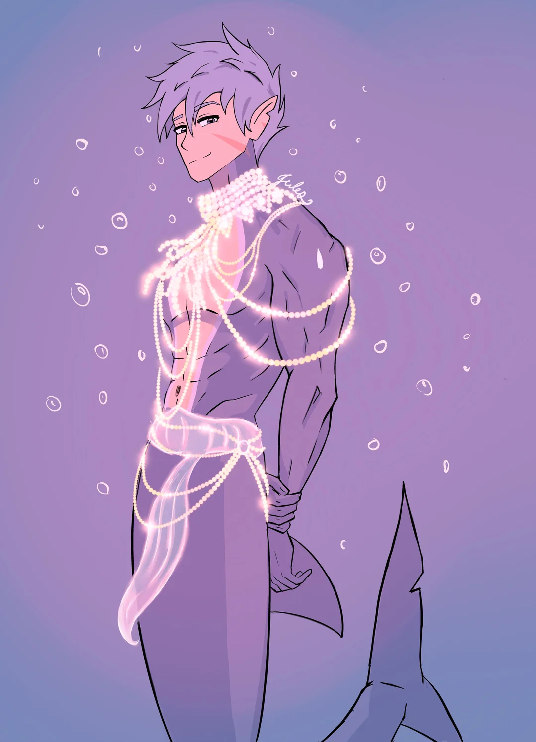 Incredibly sexy shark merman named Siren. Siren is wearing glowing white pearls. He also has a scar on his face.