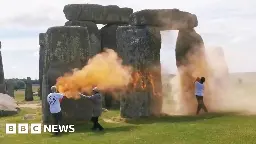 Stonehenge covered in powder paint by Just Stop Oil protesters