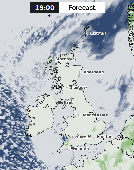cloud cover map, showing 8 oktas of cloud cover for the whole uk