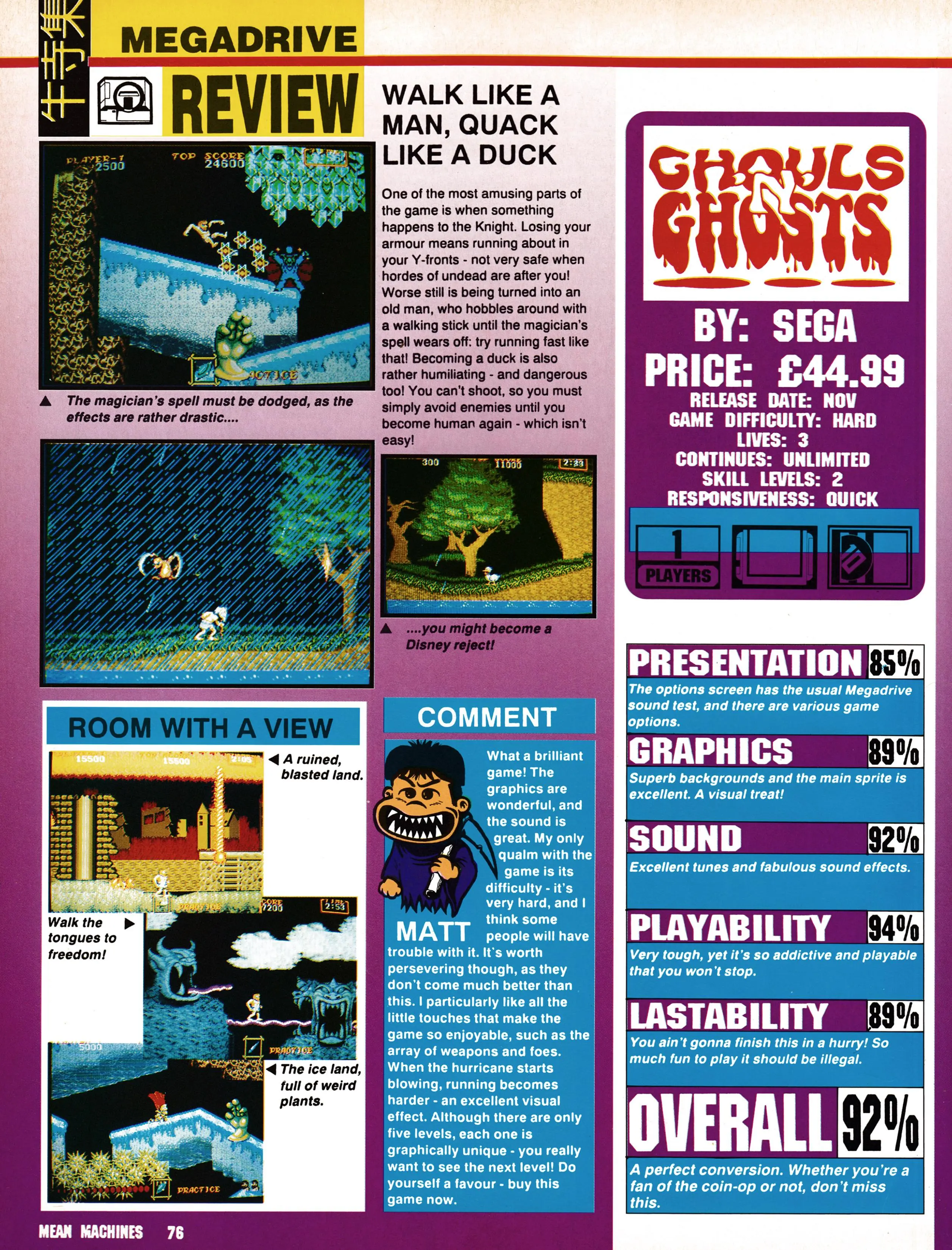 Review for Ghouls 'N' Ghosts on Mega Drive from Mean Machines 1 - October 1990 (UK)

score:  92%