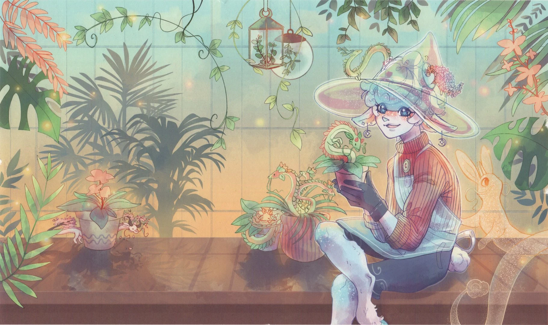 Lavender an anthropomorph goat with pastel-tourquise hair is sitting on a bench in a greenhouse surrounded by plants, also in pastel colored, but very colourfull. a few plants look like eastern dragons instead of stem and theyr scales are leaves.