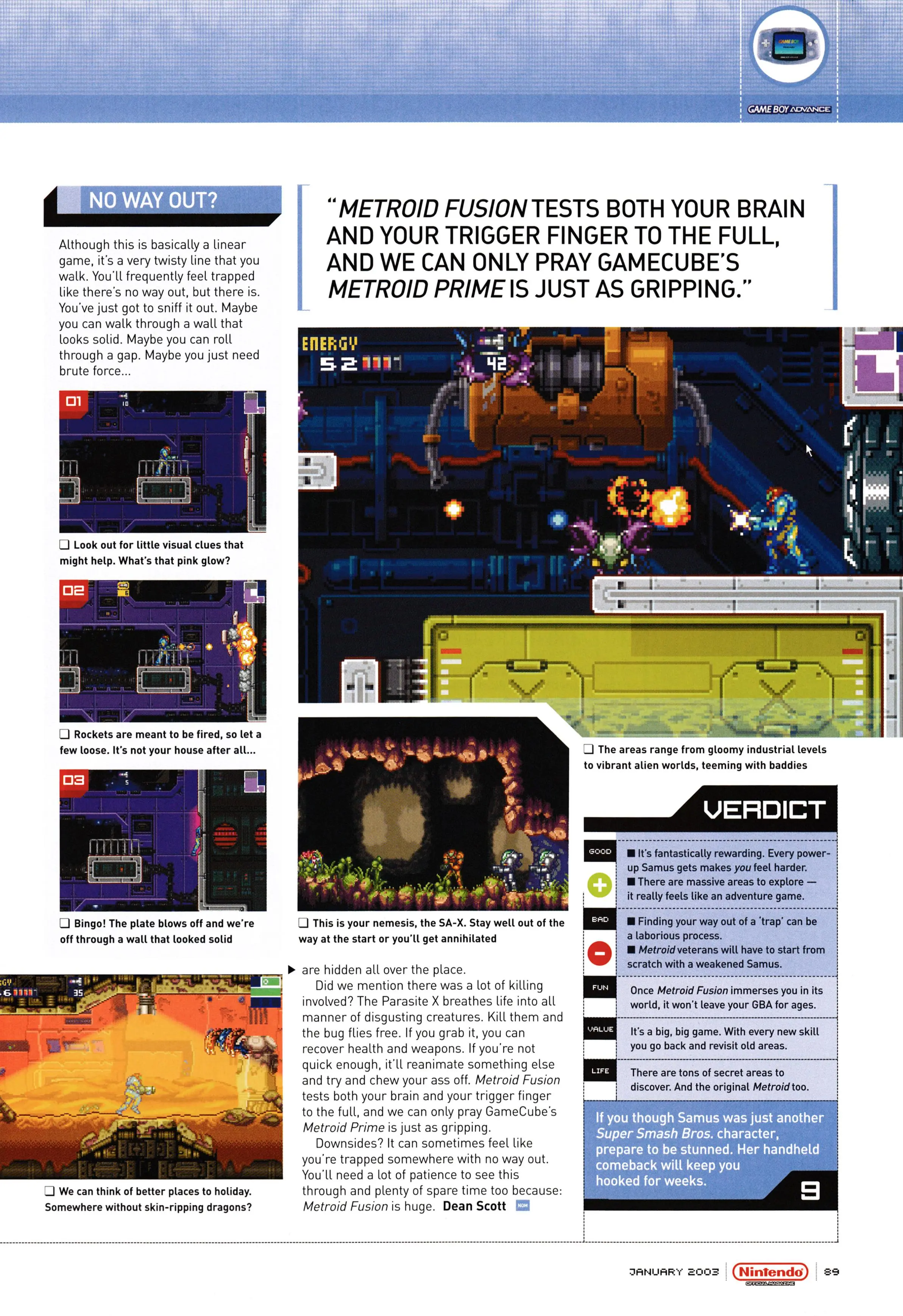 Review for Metroid Fusion on Game Boy Advance.
Taken from Nintendo Official Magazine 124 - January 2003 (UK)

score: 9/10