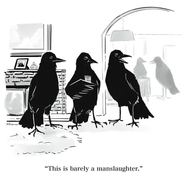 A few crows standing around at a house party, with a caption below saying "this is barely a manslaughter"