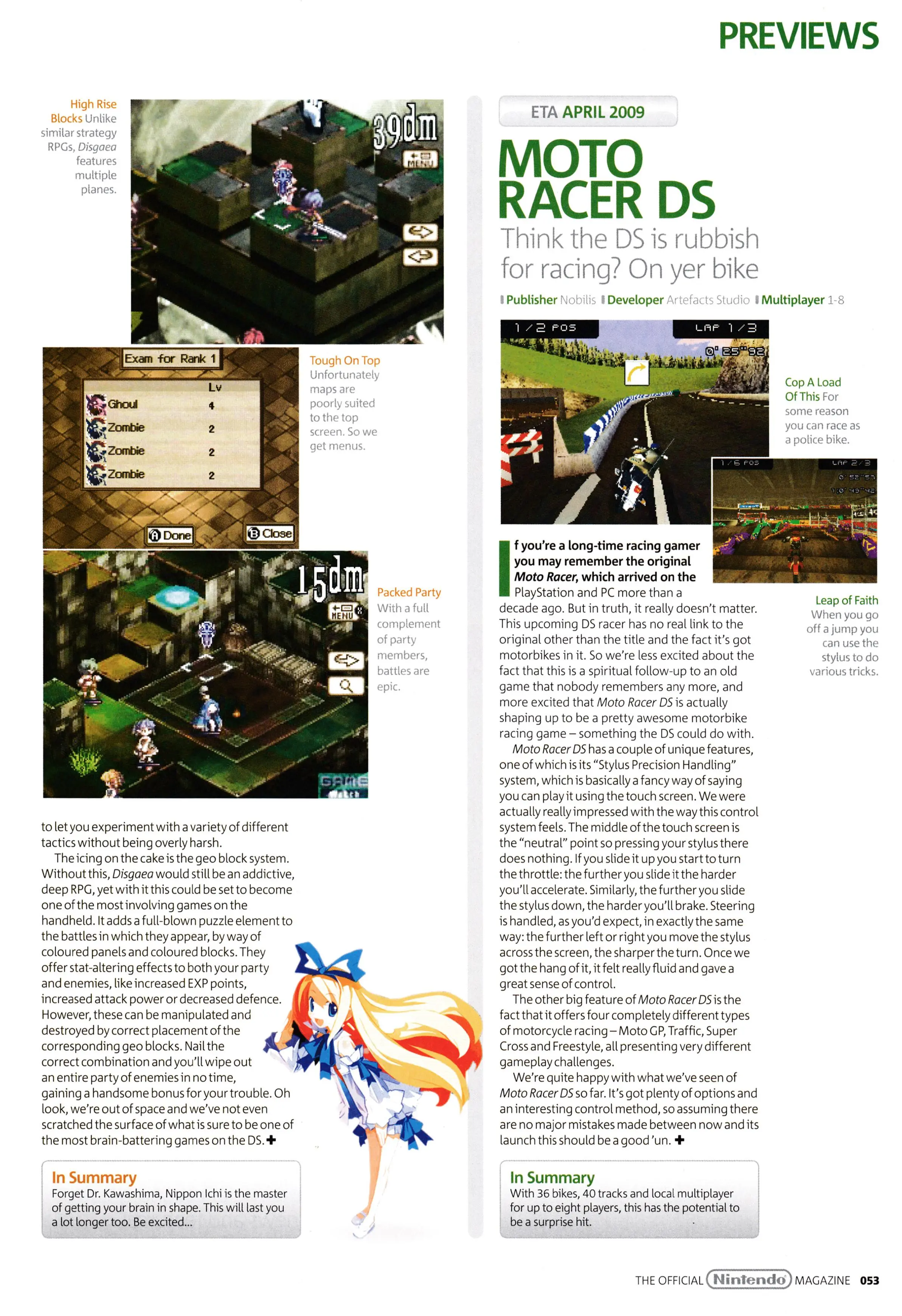 Preview for Disgaea DS and Moto Racer DS on Nintendo DS.
Taken from Official Nintendo Magazine 40 - March 2009 (UK)