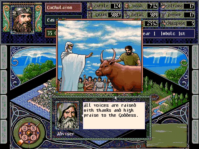 A screenshot from a game. A modal dialogue shows an elderly bearded advisor saying "All voices are raised with thanks and high praise to the Goddess."

Above it: illustration of a man waving his hand over a bull as its handler stands by.

Below them is an isometric tile map showing a little island with trees surrounded by a sea.