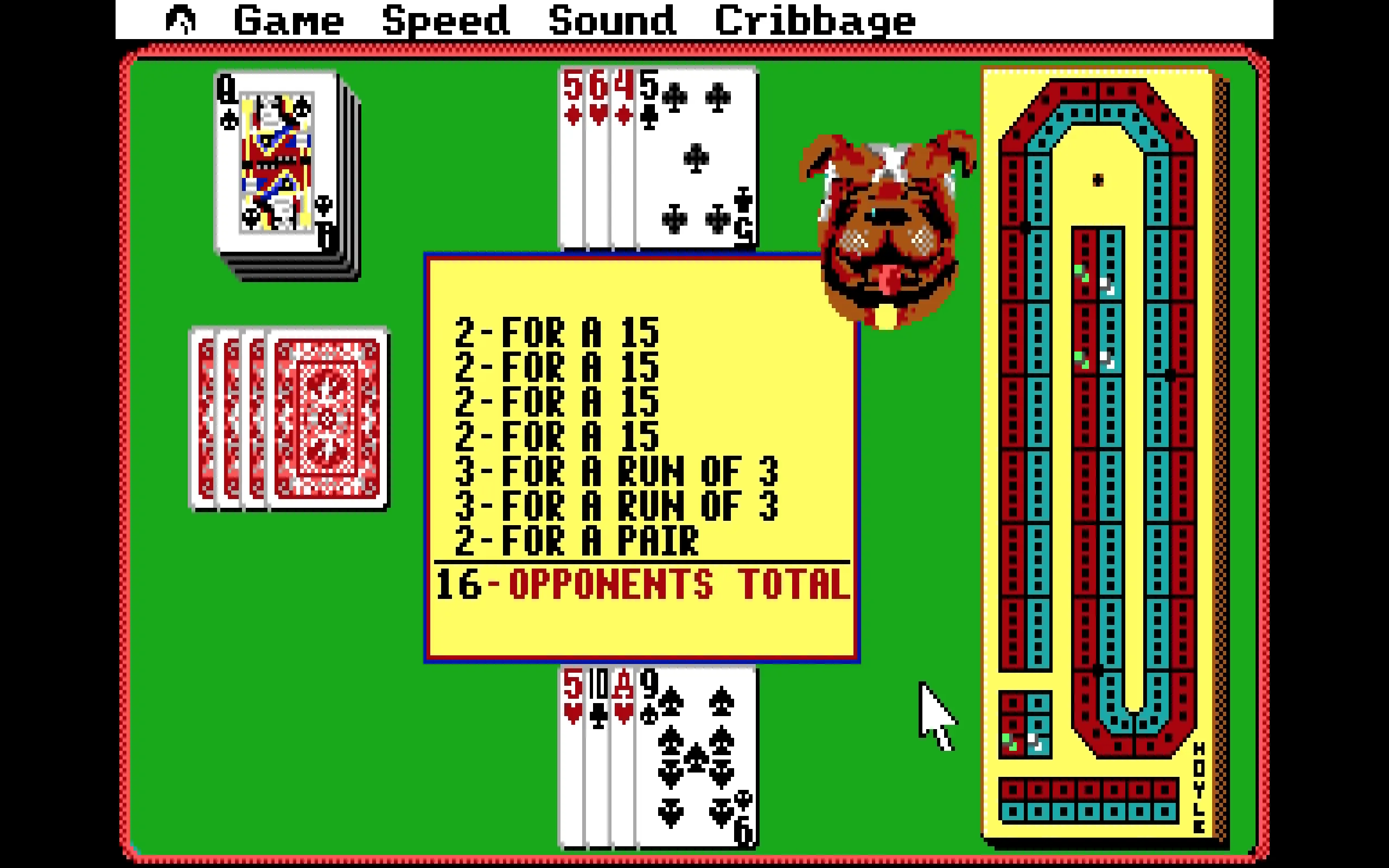 A screenshot of Hoyle's Book of Games for DOS.

A game of cribbage was just won by a bulldog, who smugly smiles, sticking its tongue out. It scored 16 points on its last hand.