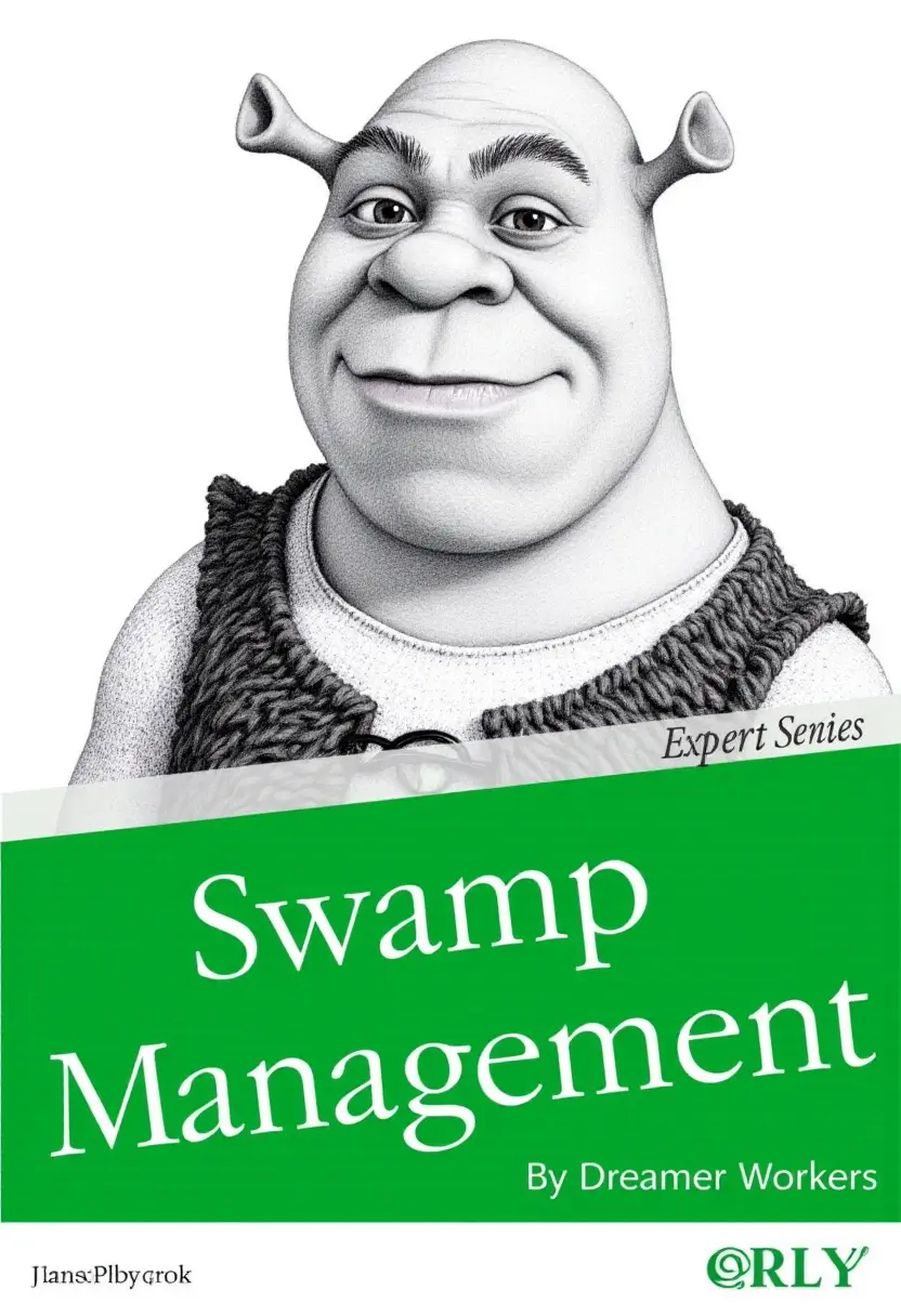 A book cover from the ‘Expert Series’ with the title ‘Swamp Management’ written in bold white letters against a green background at the bottom of the cover. The author’s name, ‘Dreamer Workers,’ appears below the title in smaller white font. Above this section, there is a grayscale illustration of popular character Shrek. 