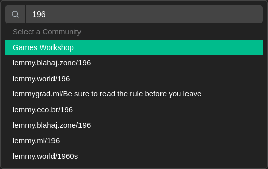 lemmy-ui community selector with 196 in the search bar, showing two entries titled "lemmy.blahaj.zone/196