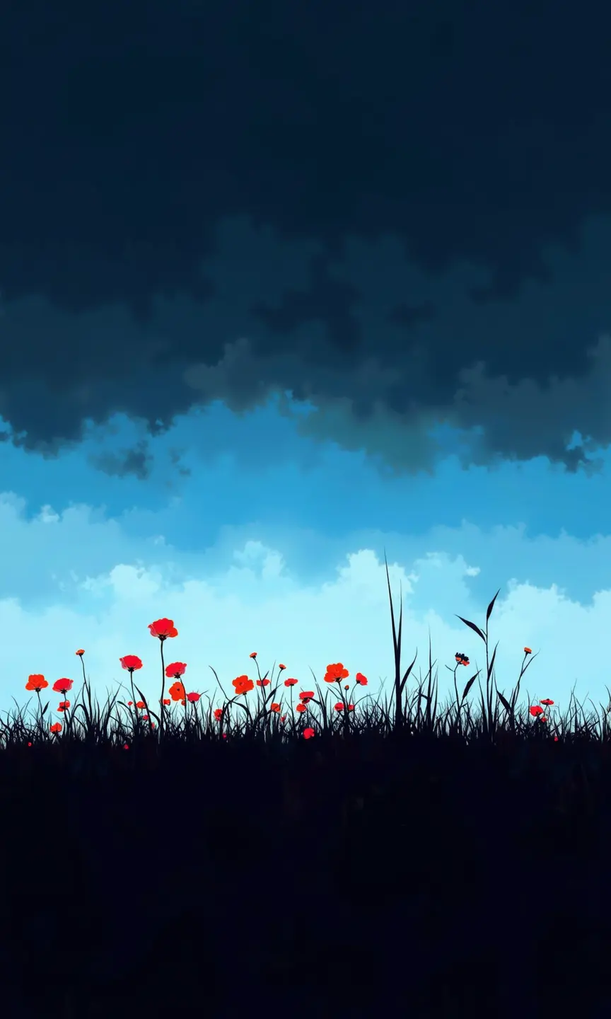 Dark stormy clouds and a field of vibrant red flowers in contrast against a blue sky. The sky is filled with dark, heavy clouds, suggesting an impending storm. Below, the ground is covered in tall grass and scattered with bright red flowers, standing out vividly against the blue background. 