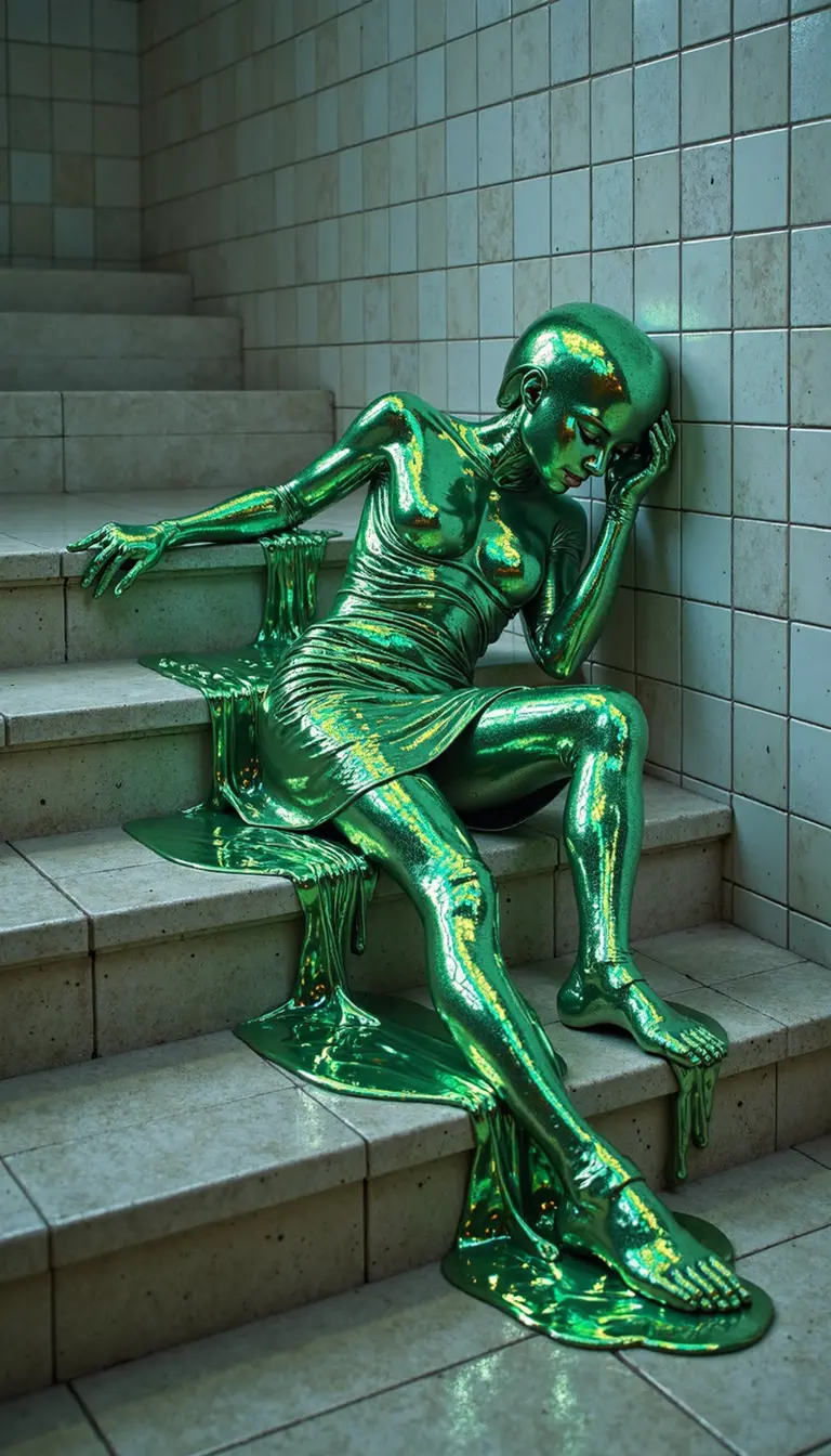 A life-sized statue of a humanoid figure sitting on a set of tiled stairs. The statue is a glossy, metallic green color that gives it an iridescent and reflective quality. The humanoid figure is depicted in a contemplative pose, with one hand supporting the head and the other hand resting on a step. The figure appears to be melting or flowing down the stairs like liquid.