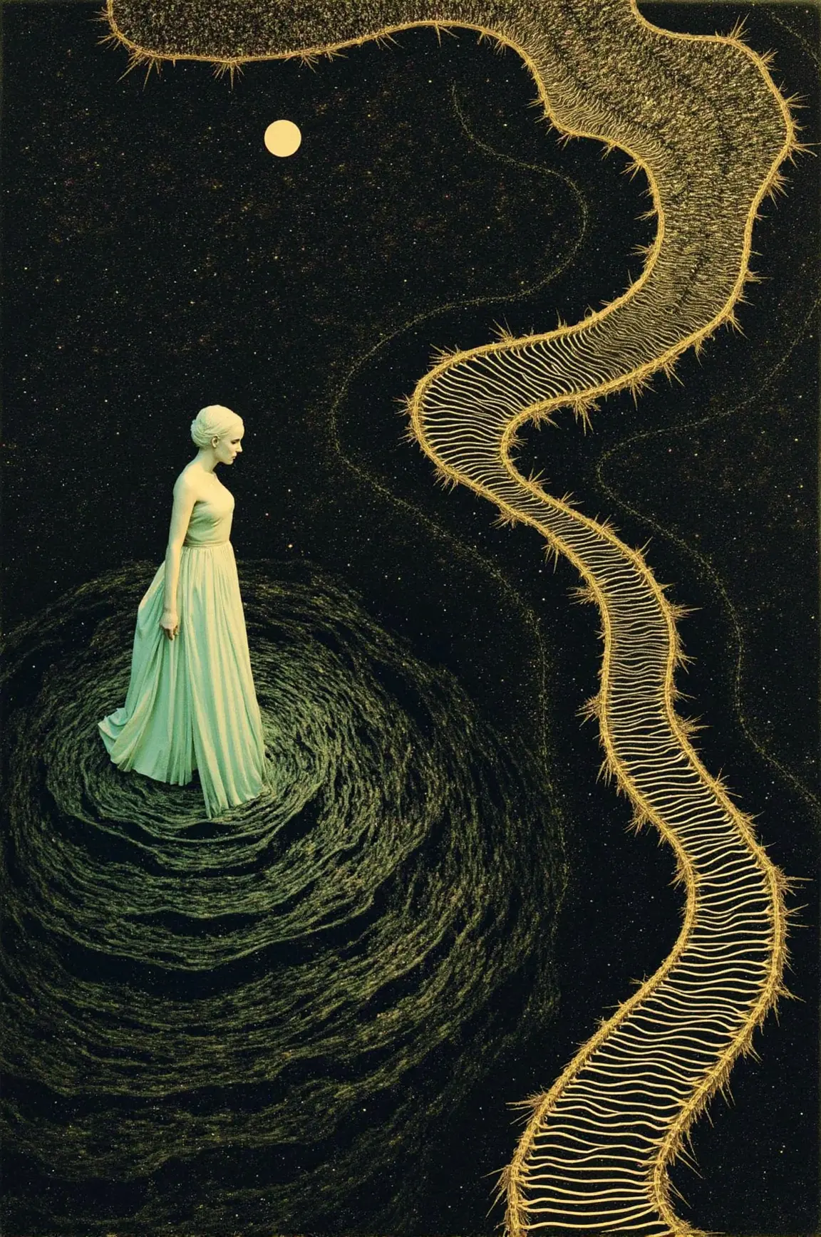 A surreal scene where a woman in a flowing blue dress stands at the center of a swirling vortex that resembles a galaxy. To her right, are a set of golden steps leading upwards past a pale star in the night sky filled with stars. The golden steps that contrast with the dark cosmic background, creating an ethereal and captivating visual.