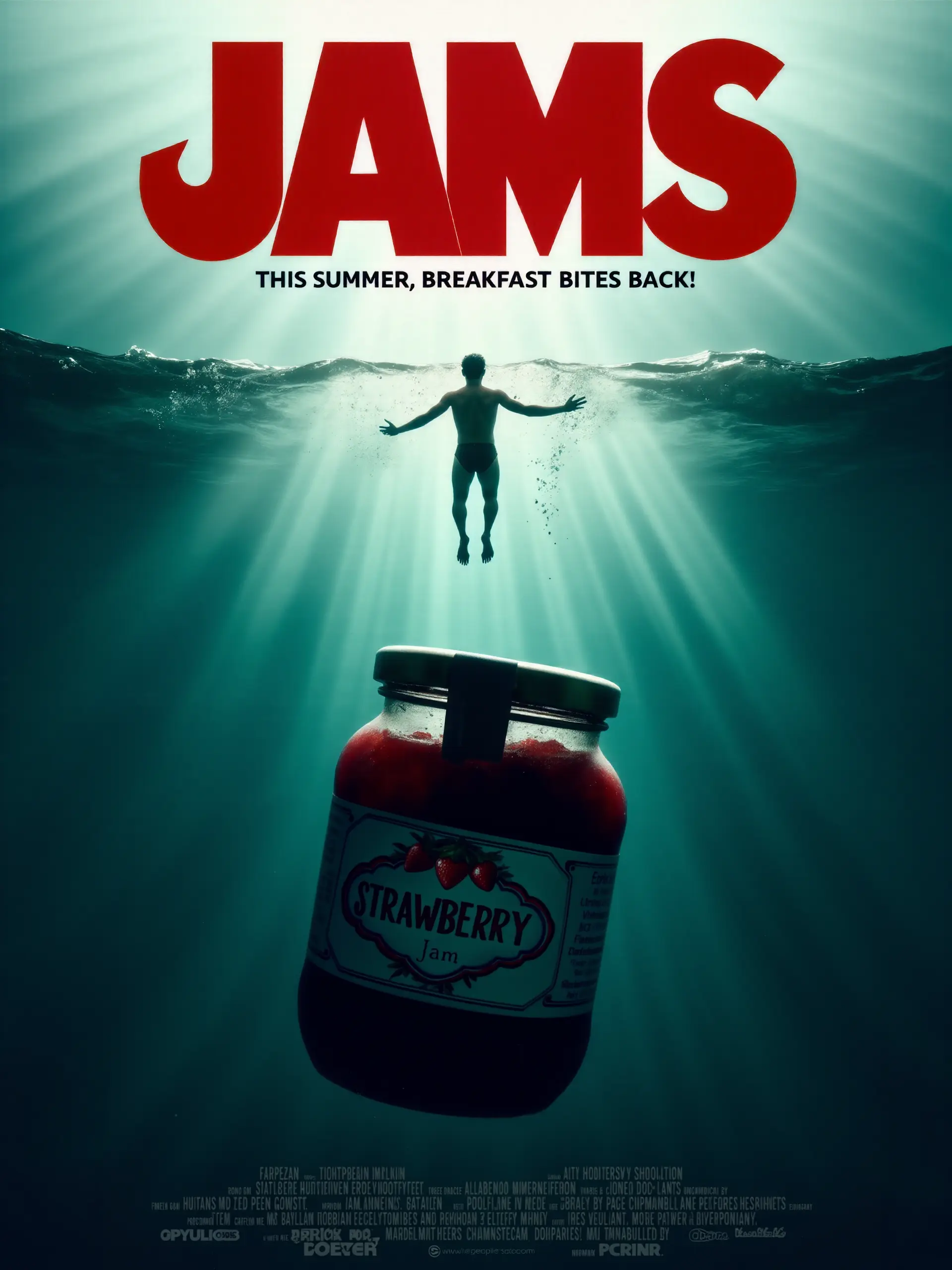 A poster with large, bold red text at the top that reads “JAMS.” Below this title is a tagline in smaller white text that says, “THIS SUMMER, BREAKFAST BITES BACK!” The main visual is a silhouette of a person swimming in water, viewed from below. The person is backlit by beams of light shining down through the water from above. Directly below is an oversized jar of strawberry jam with the label clearly visible against a dark blue.