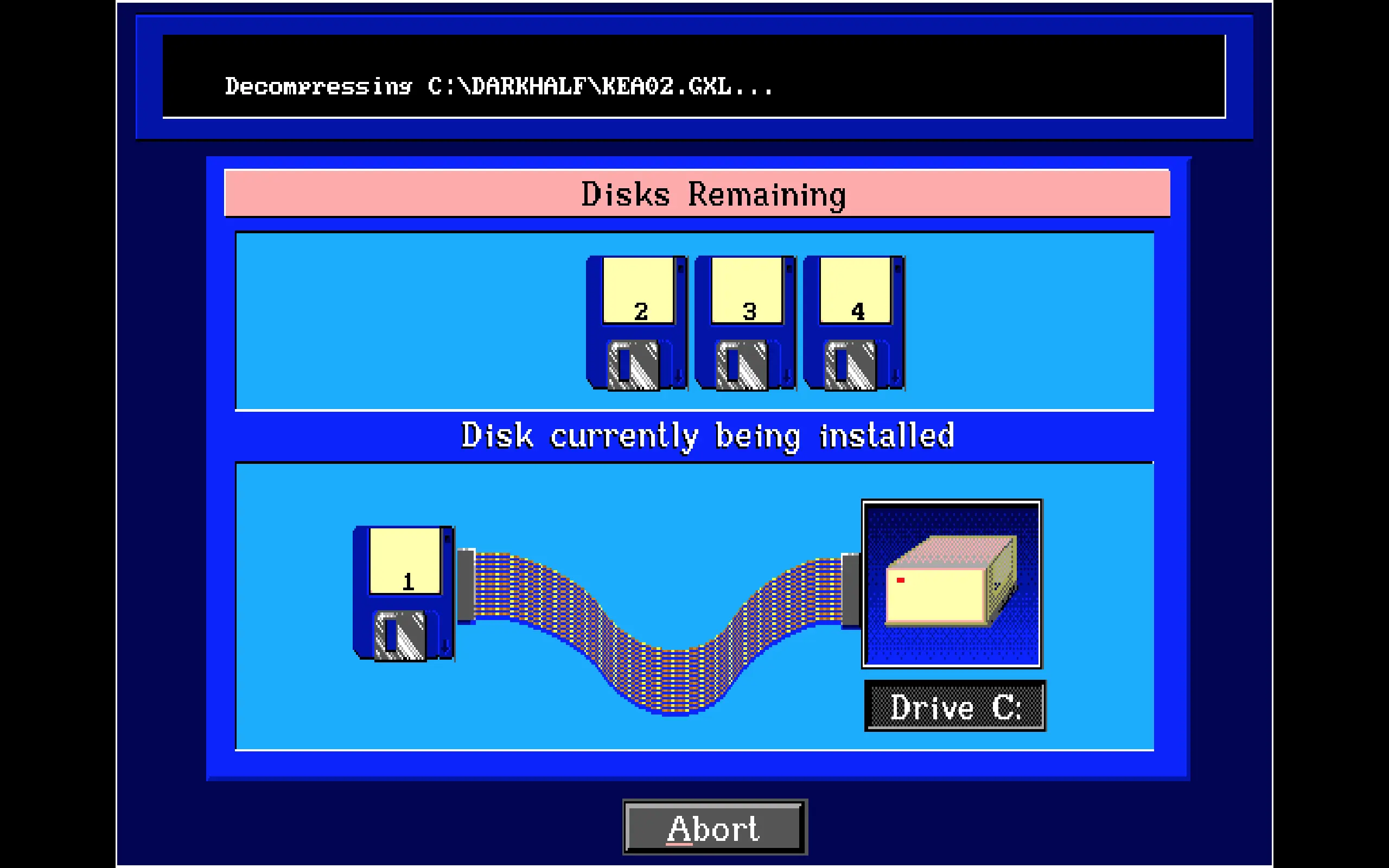 The high res installer for the Dark Half showing the current disk, and an animated floppy cable transferring information to the HDD.