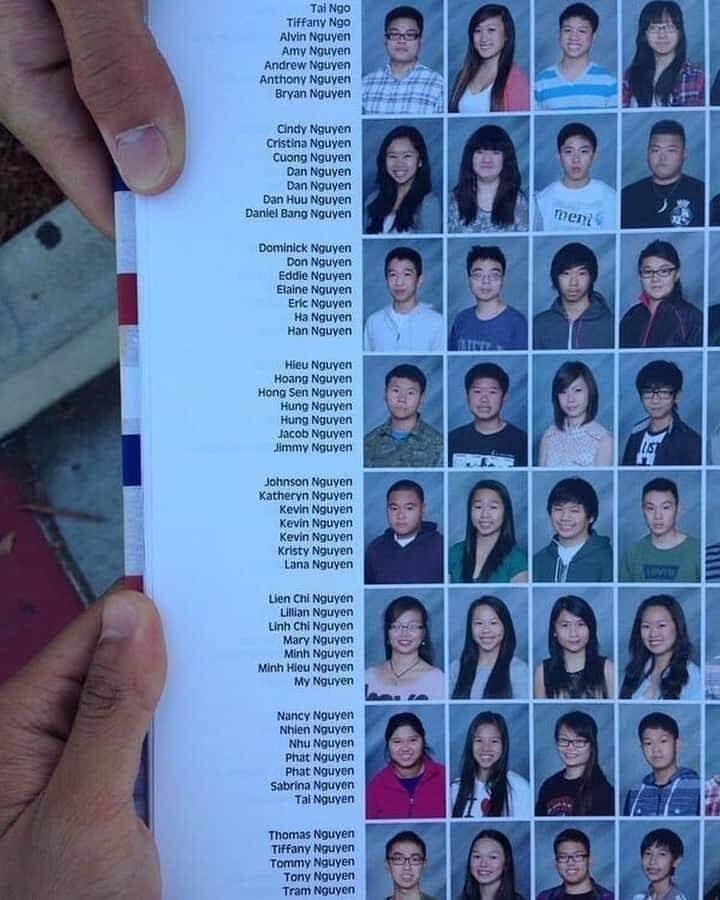a yearbook page, where all surnames end in nguyen