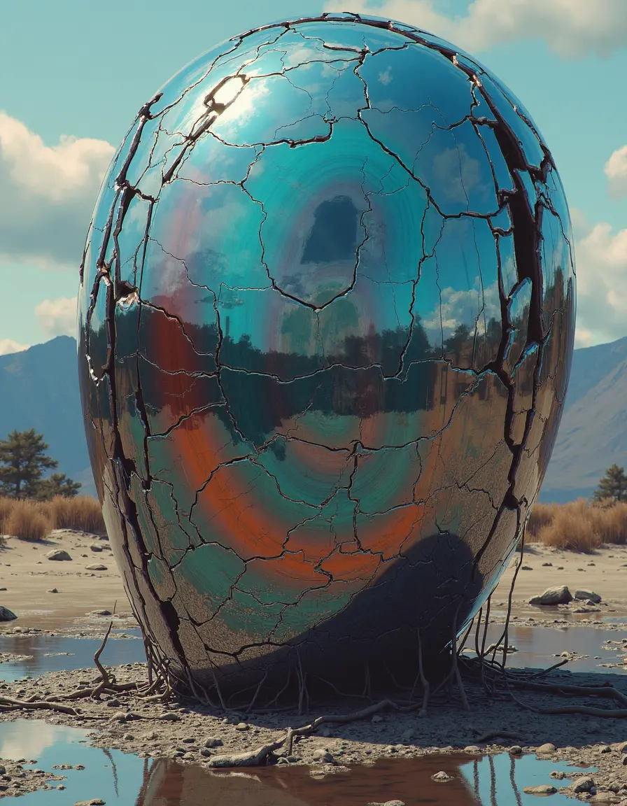 A large, metallic, egg-shaped structure with a highly reflective surface, standing in a barren, rocky landscape. The colorful iridescent surface of the structure is full of deep cracks with chips missing. The background features distant mountains, a clear sky with scattered clouds, and sparse vegetation, including some trees and dry grass. The ground around the structure is wet, with small puddles and scattered rocks. The reflective surface of the structure mirrors the surroundings, creating a captivating visual effect.