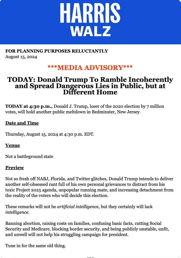 A media advisory from the Harris/Walz campaign team from August 15, 2024. The document is formatted like a press release and contains satirical or critical language directed at Donald Trump, the former President of the United States. The tone is mocking, with various jabs at Trump's behavior and political stances.